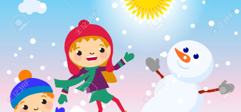 Kids making a snowman on a sunny day vector illustration